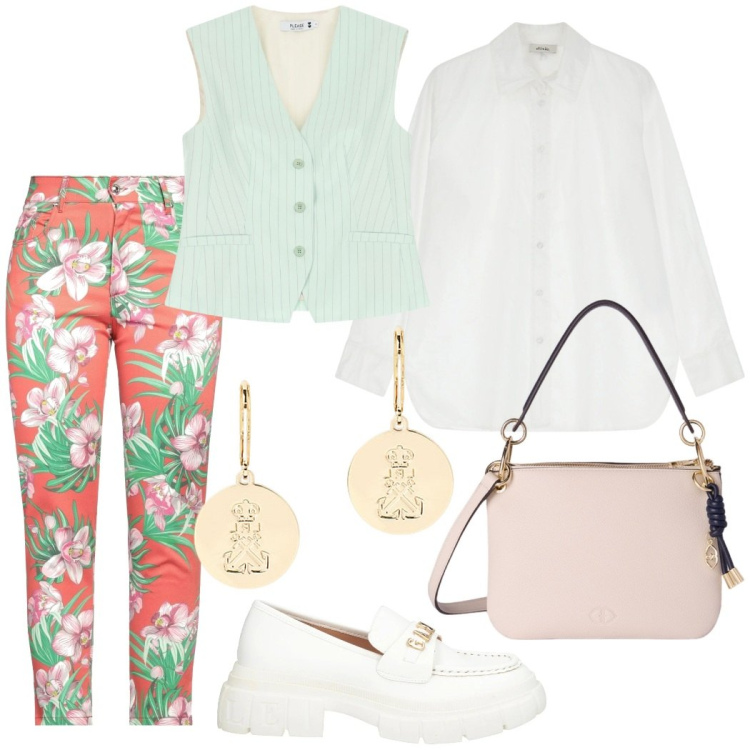Outfit donna - Colori delicati in ufficio. Stile Casual chic per Ufficio. Abbinamento con mocassini, pantaloni, gilet, camicie, orecchini, borse a tracolla.