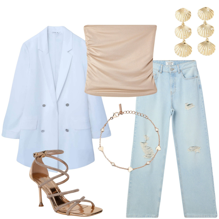 Outfit donna - Occasioni Terranova. Stile Sporty chic per Serata fuori. Abbinamento con sandali col tacco, jeans strappati, blazer, orecchini, top, braccialetti.
