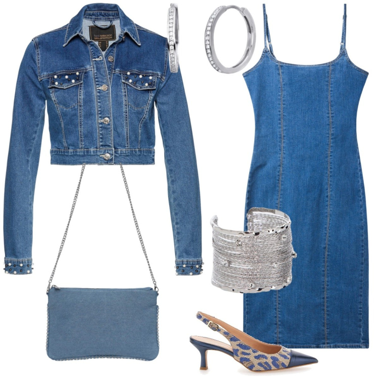 Outfit donna - In jeans. Stile Casual chic per Tutti i giorni. Abbinamento con blazer, borse a tracolla, vestiti a tubino, orecchini, braccialetti, décolleté.