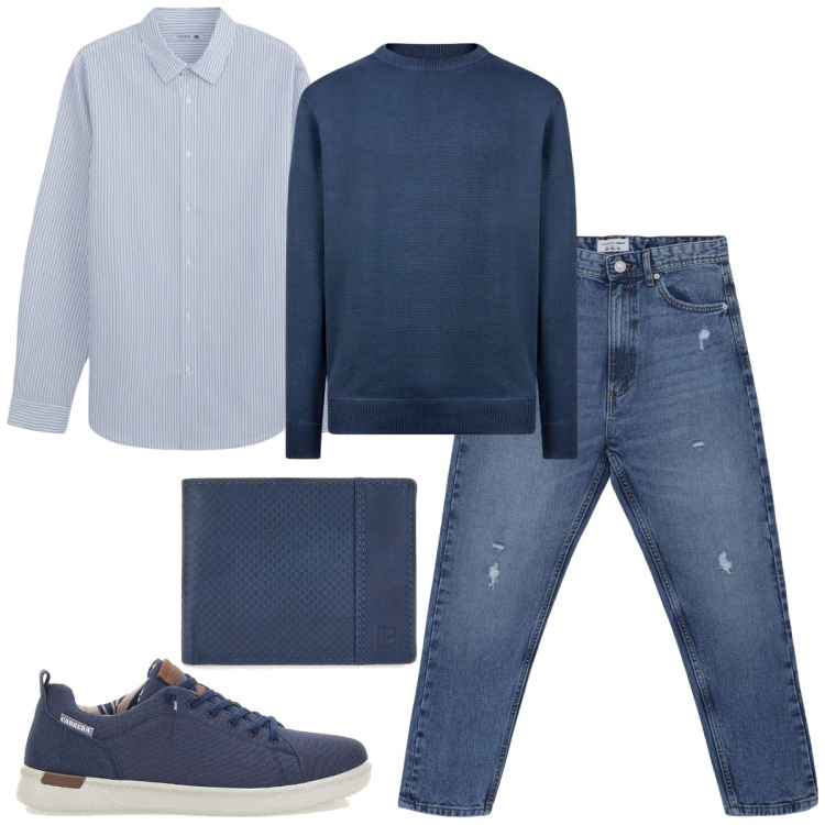 Outfit uomo - Total look #2126927. Stile Casual per Ufficio. Abbinamento con camicie, jeans strappati, maglieria, portafogli, scarpe stringate.