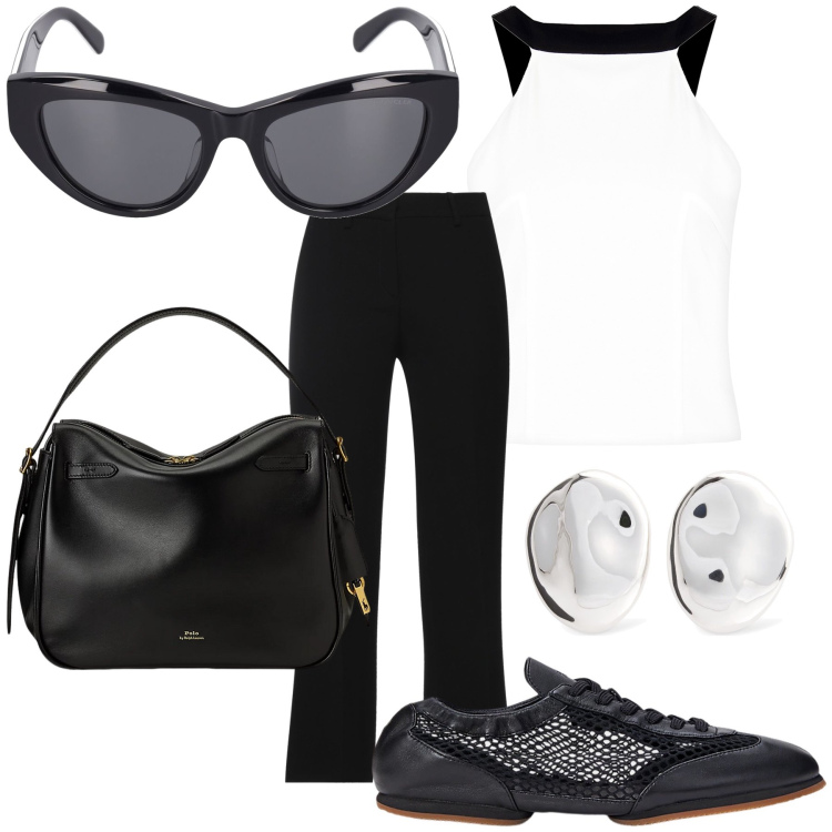 Outfit donna - Bianco e nero da città. Stile Urban per Tutti i giorni. Abbinamento con pantaloni, top, borse a mano, ballerine, occhiali da sole, orecchini.