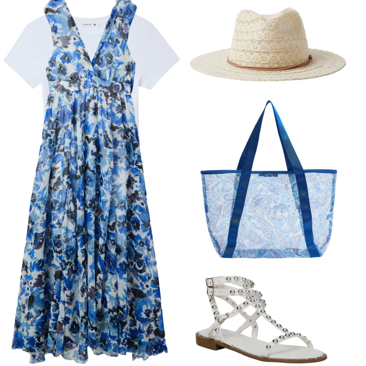 Outfit donna - Occasioni Terranova. Stile Boho per Mare. Abbinamento con vestiti lunghi, t-shirt, cappelli, shopping bag, sandali.