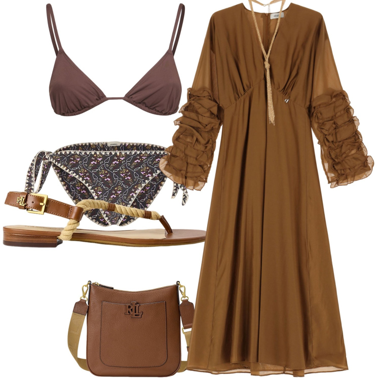 Outfit donna - Chic. Stile Glamour per Mare. Abbinamento con borse a tracolla, ciabatte, vestiti lunghi, bikini, bikini.