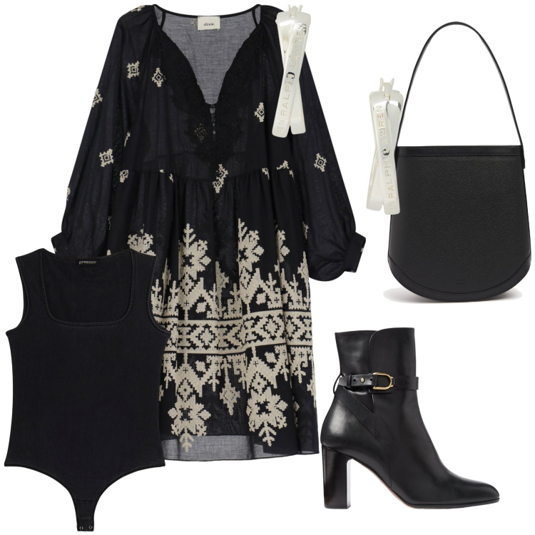 Outfit donna - Dress code folk. Stile Boho per Serata fuori. Abbinamento con body, vestiti, stivaletti, orecchini, borse a mano.