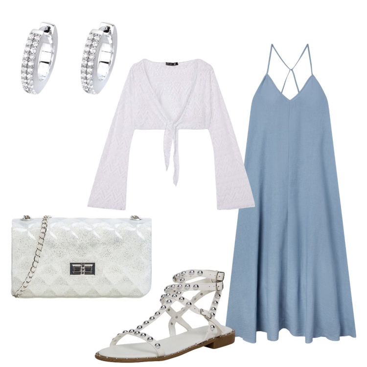 Outfit donna - Serata Glam con Terranova. Stile Glamour per Serata fuori. Abbinamento con borse a tracolla, sandali, vestiti lunghi, bolero, orecchini.