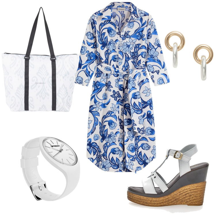 Outfit donna - Total look #2126961. Stile Basic per Mare. Abbinamento con vestiti chemisier, shopping bag, orologi, orecchini, sandali in pelle.