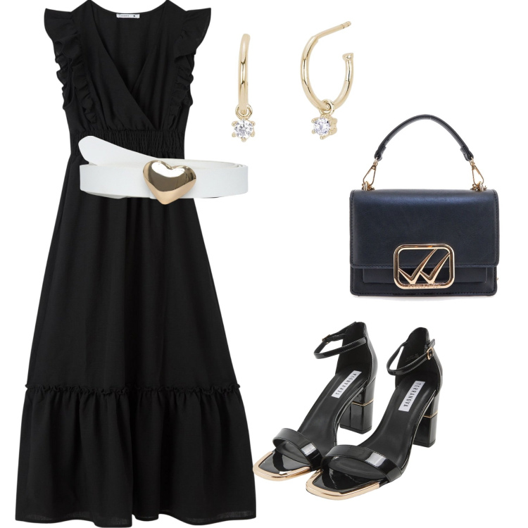 Outfit donna - Total look #2126968. Stile Bon Ton per Serata fuori. Abbinamento con sabot, cinture, vestiti lunghi, orecchini, borse a tracolla.