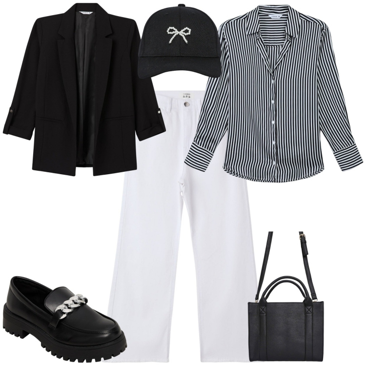 Outfit donna - Nero e bianco trendy tempo libero uffici. Stile Trendy per Ufficio. Abbinamento con camicie, cappelli con visiera, borse tote, pantaloni, blazer, mocassini.