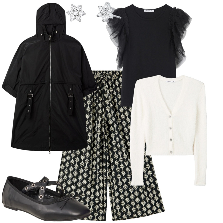 Outfit donna - Total look #2126977. Stile Chic per Serata fuori. Abbinamento con t-shirt, pantaloni a palazzo, ballerine, trench, cardigans, orecchini.