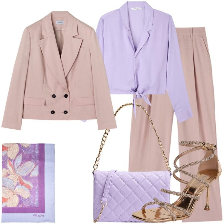 Outfit donna - Total look #2126980. Stile Chic per Cerimonia. Abbinamento con camicie, sandali col tacco, borse a tracolla, pantaloni a palazzo, stole, blazer.