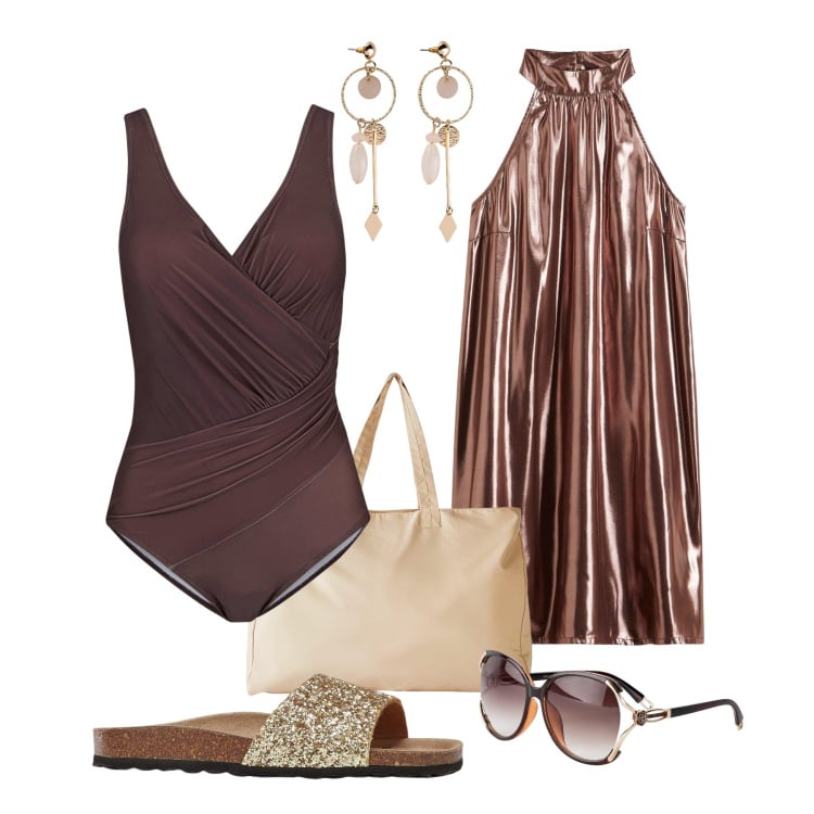 Outfit donna - Luminosa verso la spiaggia. Stile Vintage retrò per Mare. Abbinamento con costumi interi, ciabatte, occhiali da sole, orecchini, vestiti corti, shopping bag.