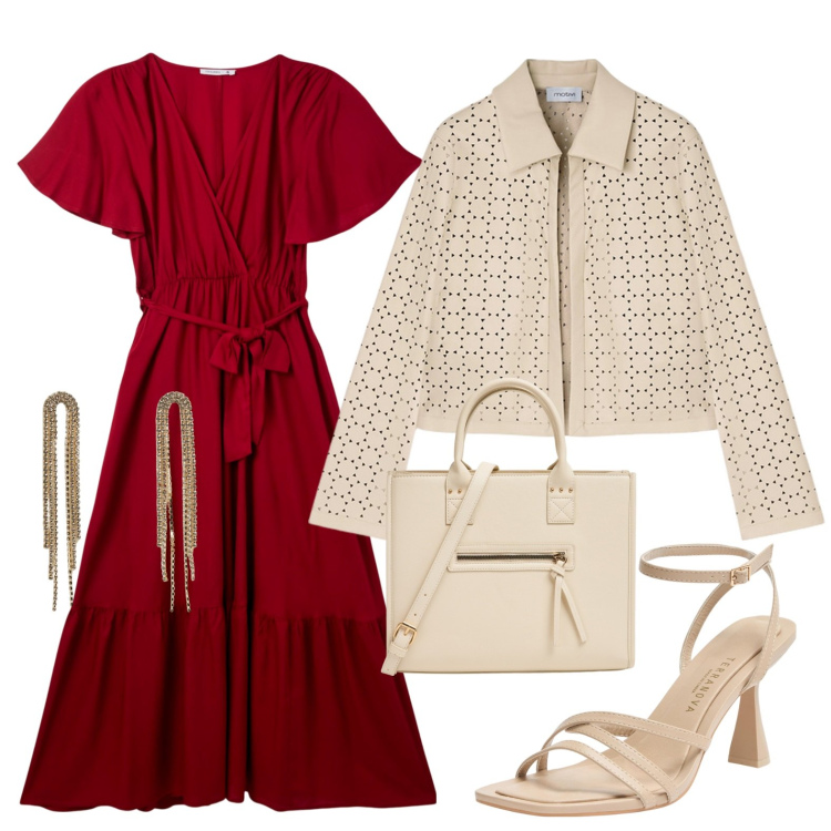 Outfit donna - Comunione in rosso. Stile Romantica per Cerimonia. Abbinamento con shopping bag, orecchini, vestiti lunghi, sandali col tacco, blazer.