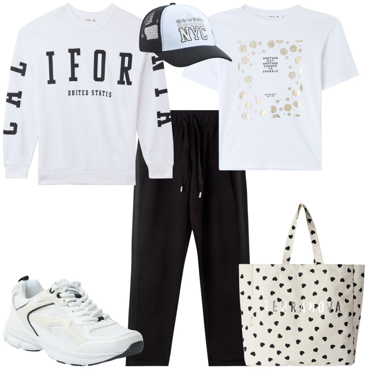 Outfit donna - Cerimonia evento serata speciale. Stile Sporty chic per Scuola/Università. Abbinamento con cappelli, t-shirt, sneakers, pantaloni skinny, borse tote, felpe.