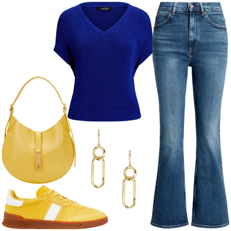 Outfit donna - Sporty chic. Stile Sporty chic per Tutti i giorni. Abbinamento con jeans, orecchini, t-shirt, sneakers, borse a spalla.