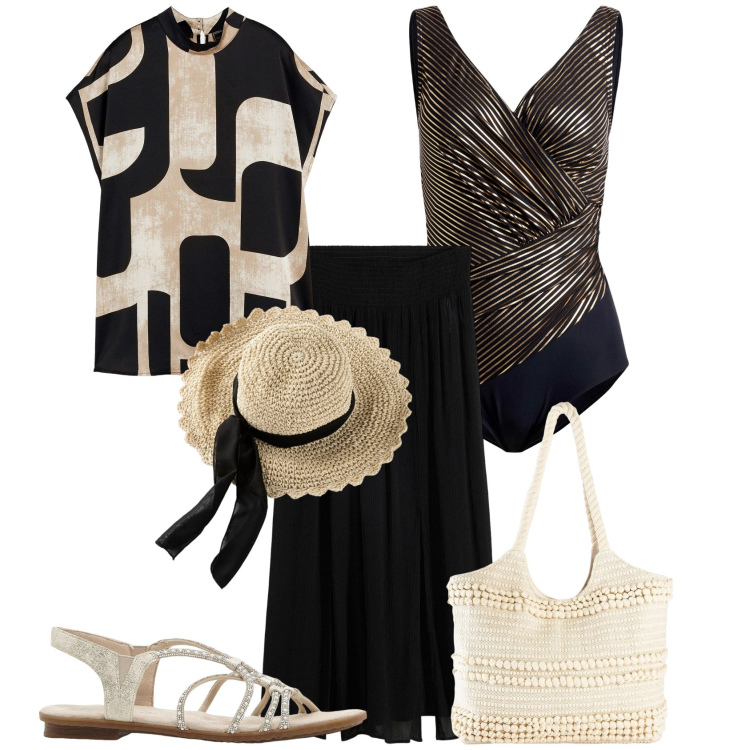 Outfit donna - In spiaggia con stile. Stile Glamour per Mare. Abbinamento con gonne lunghe, sandali, cappelli, tuniche, costumi interi, shopping bag.