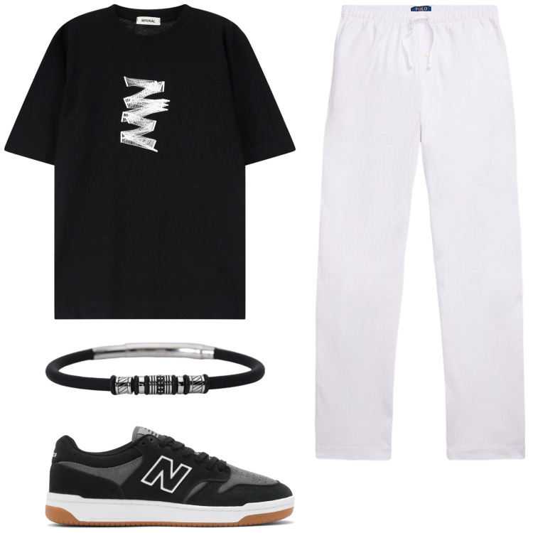 Outfit uomo - Sportivo. Stile Casual per Sport. Abbinamento con braccialetti, sneakers, t-shirt, pantaloni.