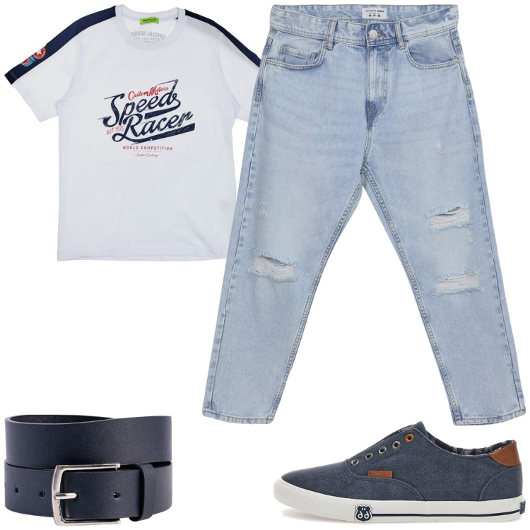 Outfit uomo - Casual per tutti i giorni. Stile Casual per Tutti i giorni. Abbinamento con jeans strappati, t-shirt, cinture, sneakers.