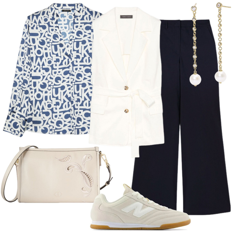 Outfit donna - Comunione casual chic. Stile Casual chic per Cerimonia. Abbinamento con orecchini, sneakers, gilet, pantaloni a palazzo, bluse, borse a tracolla.