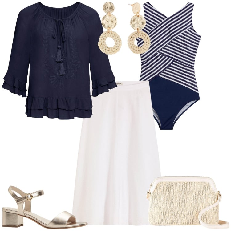 Outfit donna - Bianco blu oro chic al mare. Stile Chic per Mare. Abbinamento con costumi interi, tuniche, borse a tracolla, orecchini, gonne longuette, sandali col tacco.