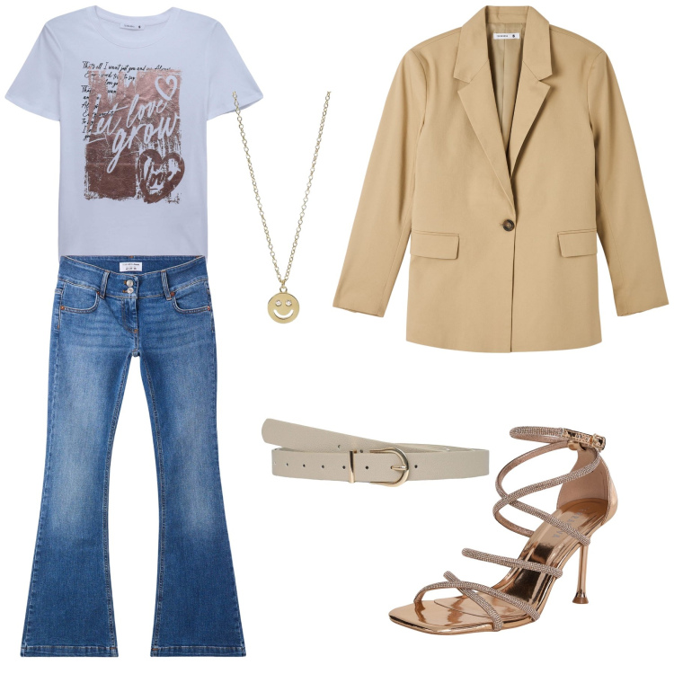 Outfit donna - Il blazer sabbia. Stile Casual chic per Tutti i giorni. Abbinamento con sandali col tacco, blazer, t-shirt, cinture, jeans, collane.