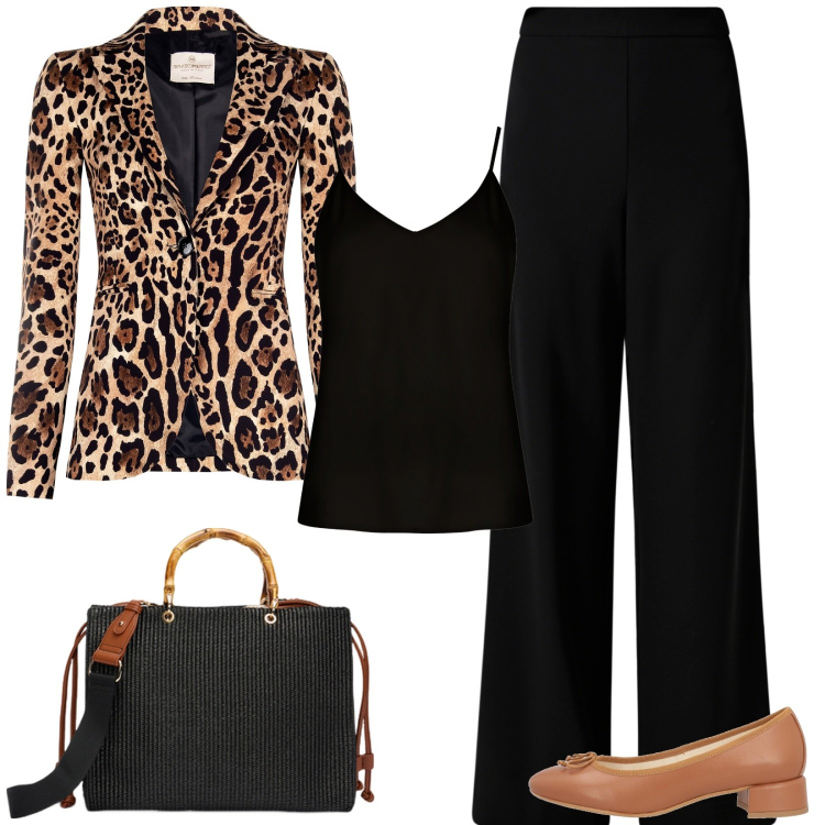 Outfit donna - Animalier per la sera. Stile Glamour per Serata fuori. Abbinamento con ballerine, blazer, top, pantaloni, borse a mano.