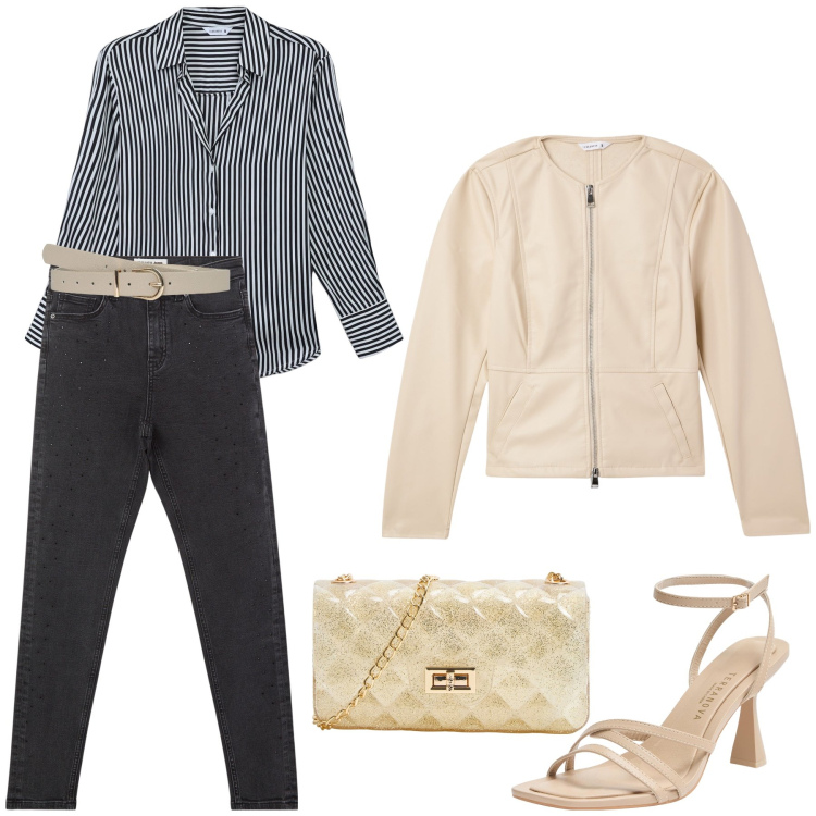 Outfit donna - Serata a cena fuori. Stile Glamour per Serata fuori. Abbinamento con blazer, jeans skinny, camicie, borse a tracolla, sandali col tacco, cinture.