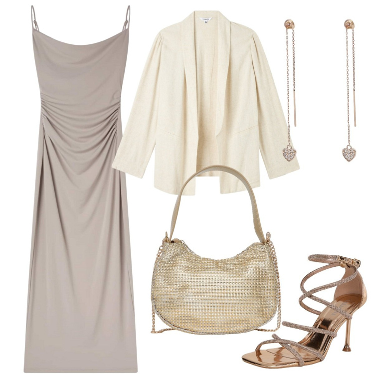 Outfit donna - Total look #2127041. Stile Glamour per Serata fuori. Abbinamento con blazer, vestiti lunghi, sandali col tacco, borse a spalla, orecchini.
