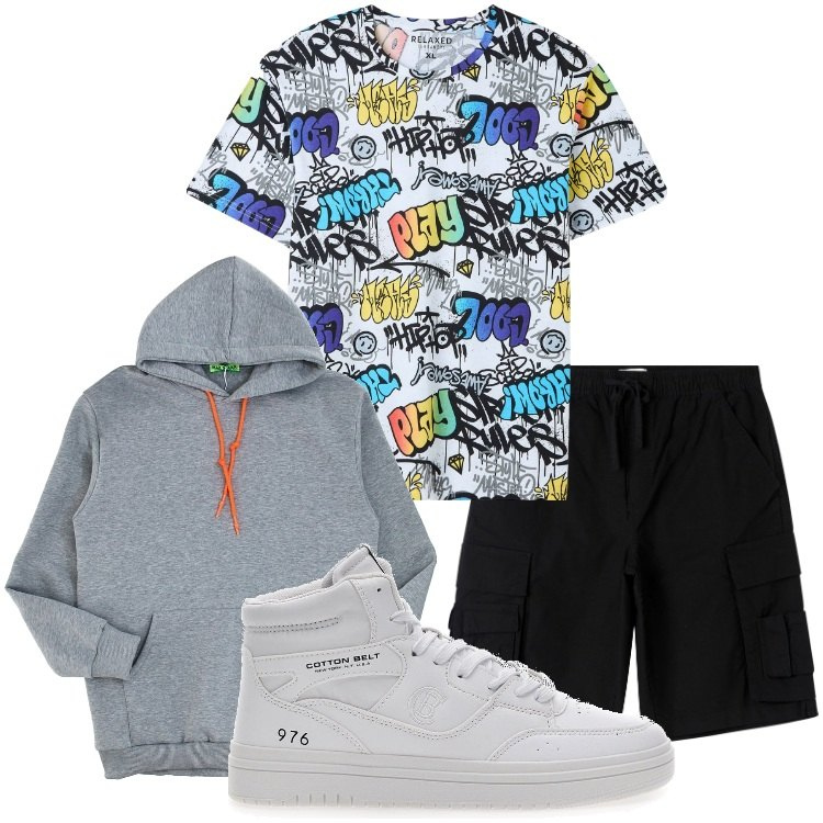 Outfit uomo - Total look #2127047. Stile Casual per Tutti i giorni. Abbinamento con t-shirt, pantaloni corti, felpe con cappuccio, sneakers.