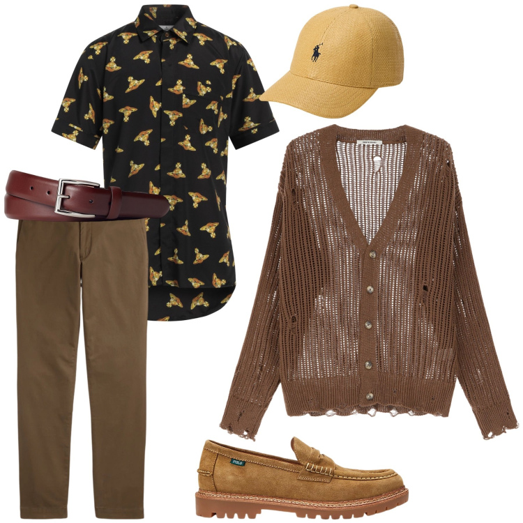 Outfit uomo - Total look. Stile Trendy per Tutti i giorni. Abbinamento con camicie a manica corta, cardigans, cinture, pantaloni chino, scarpe stringate, cappelli.