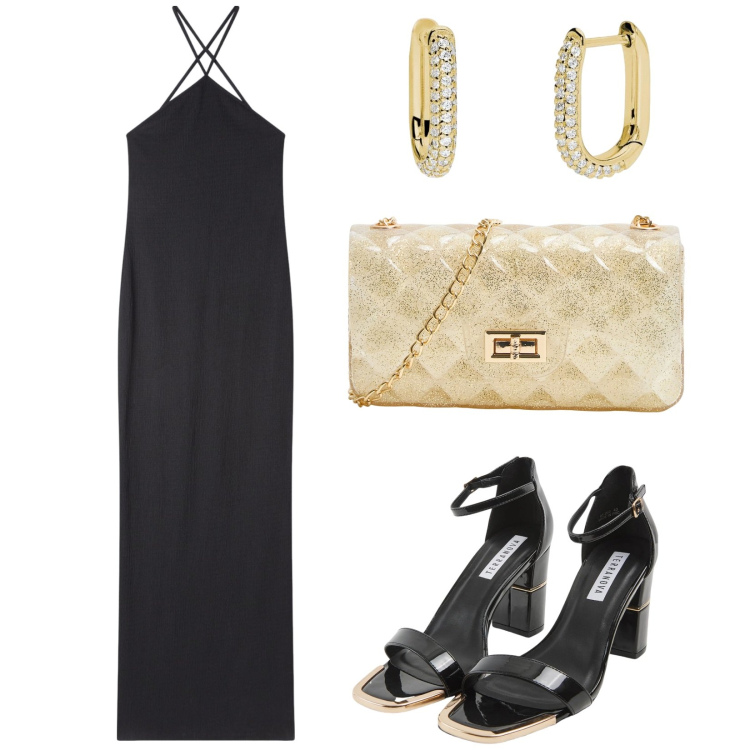 Outfit donna - Slip dress. Stile Glamour per Serata fuori. Abbinamento con sabot, borse a tracolla, vestiti lunghi, orecchini.