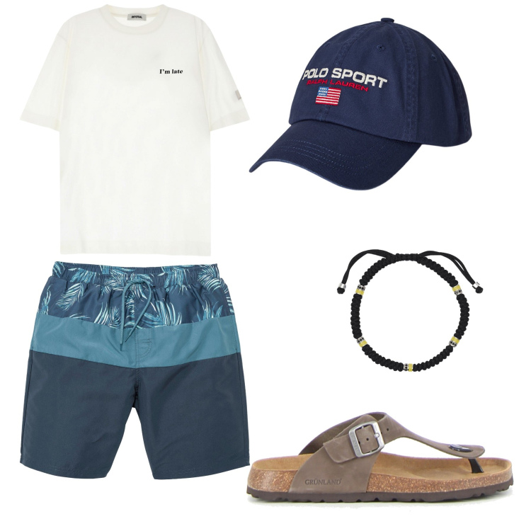 Outfit uomo - Pronto per la spiaggia. Stile Trendy per Mare. Abbinamento con costumi, braccialetti, t-shirt, berretti, sandali.
