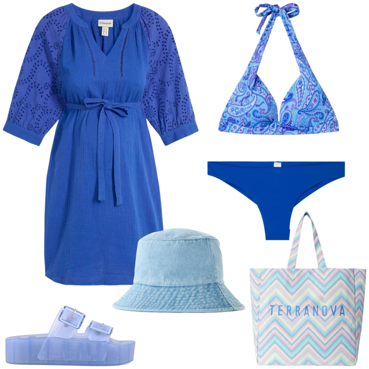 Outfit donna - Total look #2127075. Stile Sporty chic per Mare. Abbinamento con vestiti midi/longuette, cappelli, bikini, bikini, borse tote, sandali.
