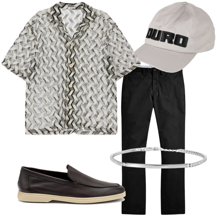 Outfit uomo - Total look #2127076. Stile Trendy per Tutti i giorni. Abbinamento con cappelli con visiera, braccialetti, camicie a manica corta, pantaloni, scarpe stringate.