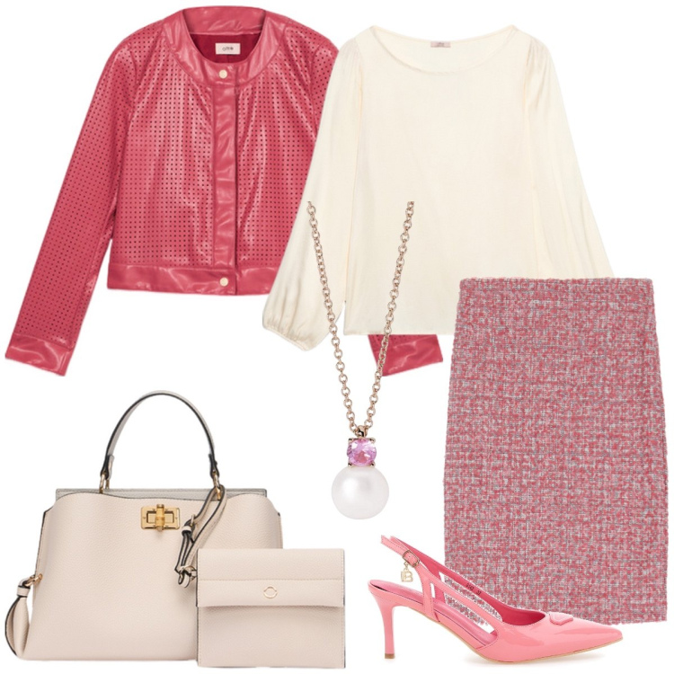 Outfit donna - Ufficio. Stile Chic per Ufficio. Abbinamento con collane, gonne longuette, décolleté, borse a mano, giacche, bluse.