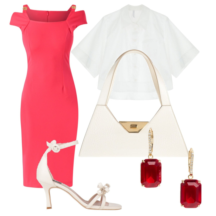 Outfit donna - Tubino per matrimonio. Stile Casual chic per Cerimonia. Abbinamento con sandali col tacco, borse a mano, camicie a manica corta, vestiti a tubino, orecchini.