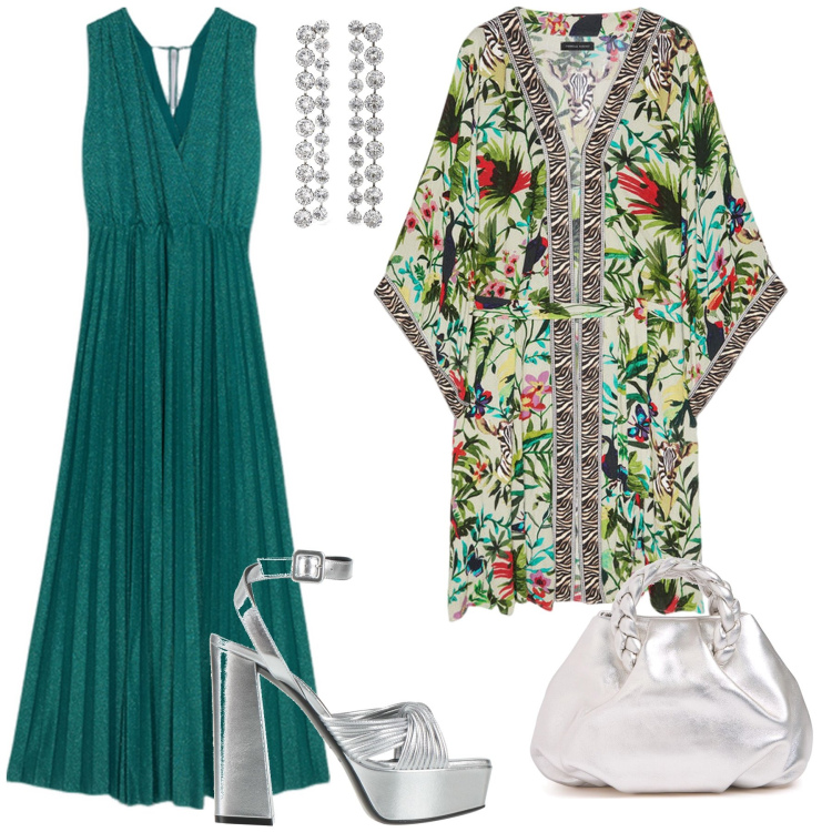 Outfit donna - Serata di gala. Stile Chic per Cerimonia. Abbinamento con sandali in pelle, caftani, vestiti lunghi, borse a mano, orecchini.