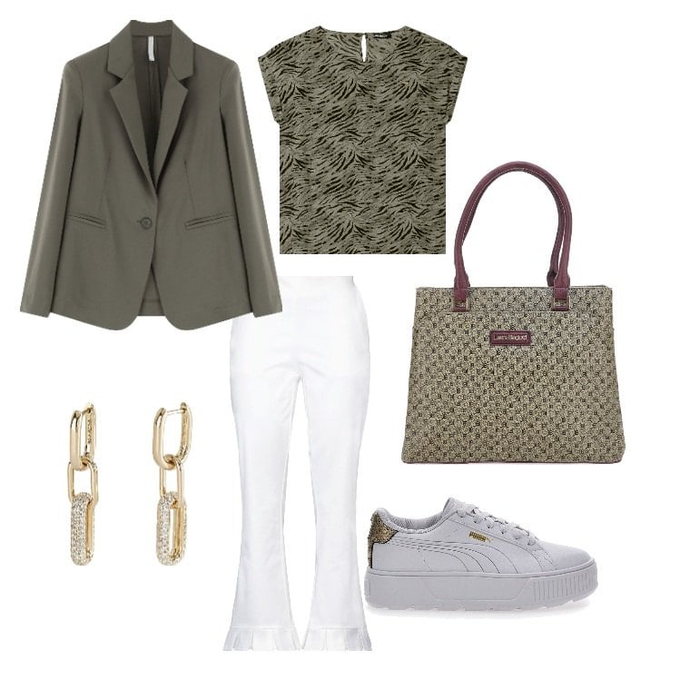 Outfit donna - Total look #2127105. Stile Casual chic per Tutti i giorni. Abbinamento con pantaloni, orecchini, blazer, t-shirt, sneakers, borse a spalla.