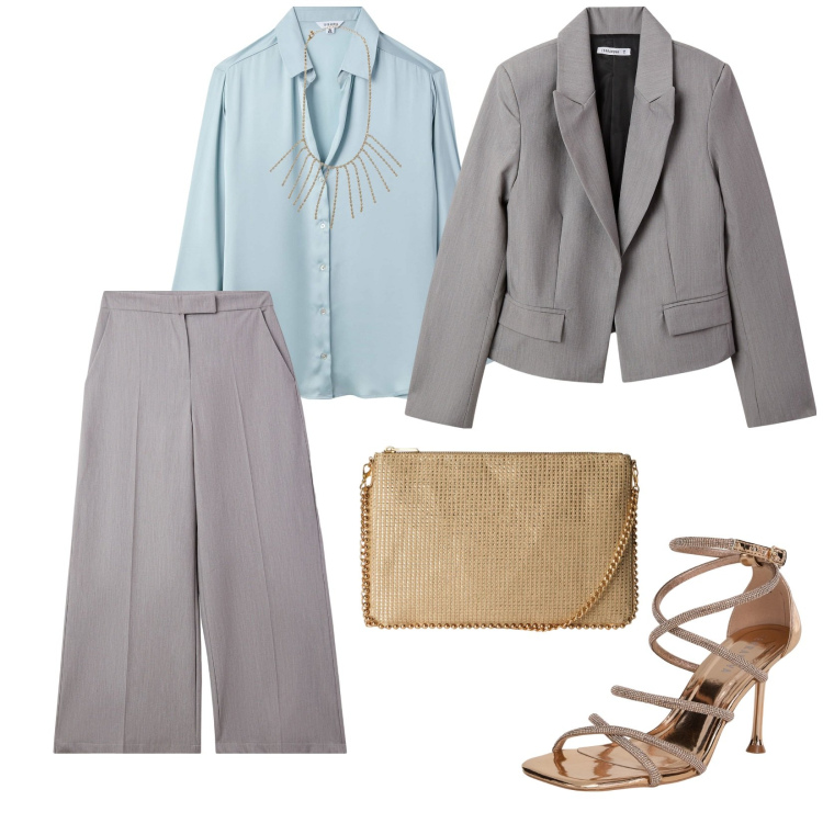 Outfit donna - Occasioni speciali. per Serata fuori. Abbinamento con sandali col tacco, blazer, pantaloni a palazzo, borse a tracolla, camicie, collane.
