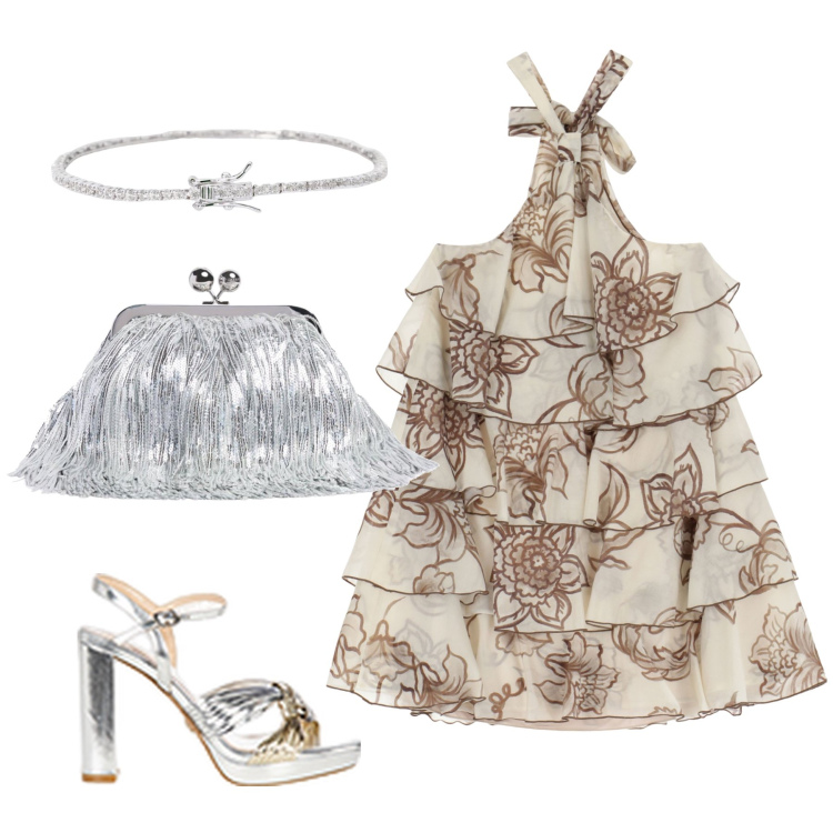 Outfit donna - Outfit tutto balze. Stile Romantica per Cerimonia. Abbinamento con braccialetti, sandali in pelle, vestiti corti, pochette.