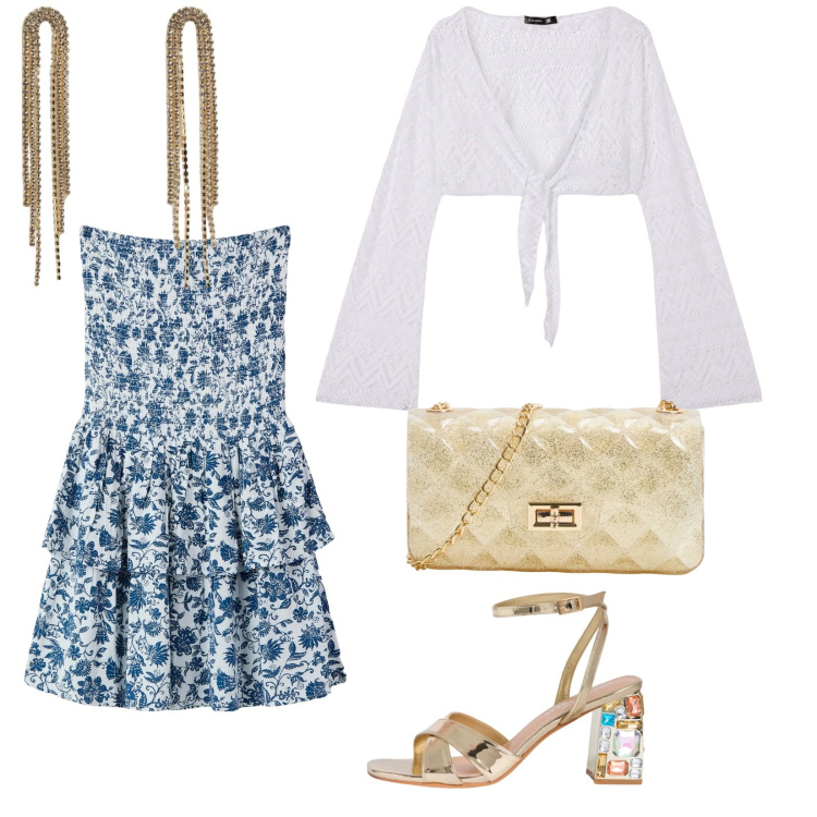 Outfit donna - Cerimonia all\'aperto. per Mare. Abbinamento con vestiti corti, orecchini, bolero, borse a tracolla, sandali gioiello.