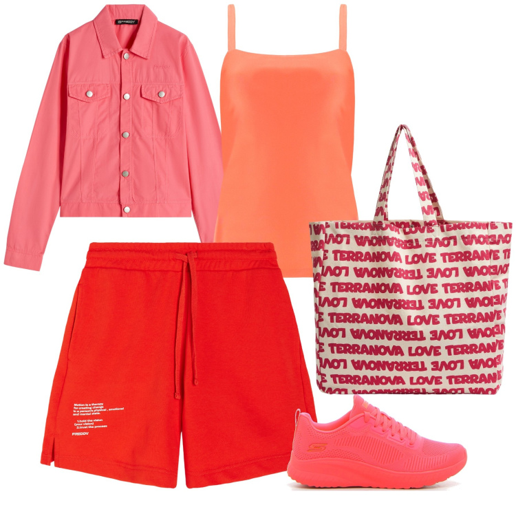 Outfit donna - Tutti i toni del corallo. Stile Casual per Tutti i giorni. Abbinamento con borse tote, blazer, canottiere, pantaloni corti, sneakers.