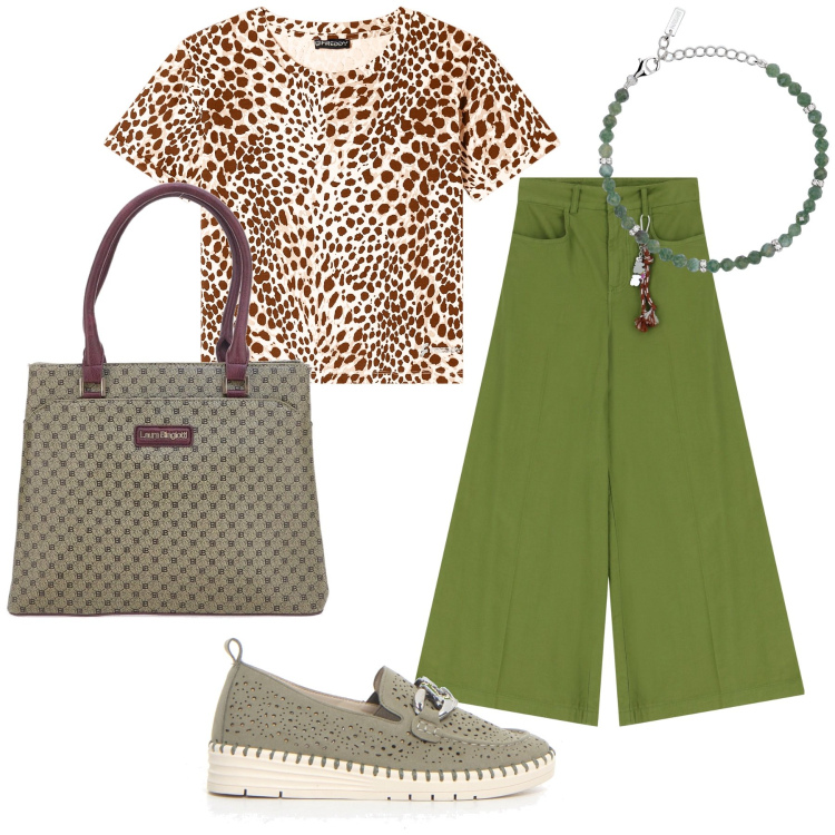 Outfit donna - Nella giungla cittadina. Stile Urban per Tutti i giorni. Abbinamento con braccialetti, pantaloni, t-shirt, mocassini, borse a spalla.