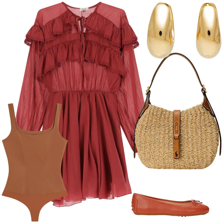 Outfit donna - Total look. Stile Trendy per Tutti i giorni. Abbinamento con orecchini, body, vestiti corti, borse a spalla, ballerine.