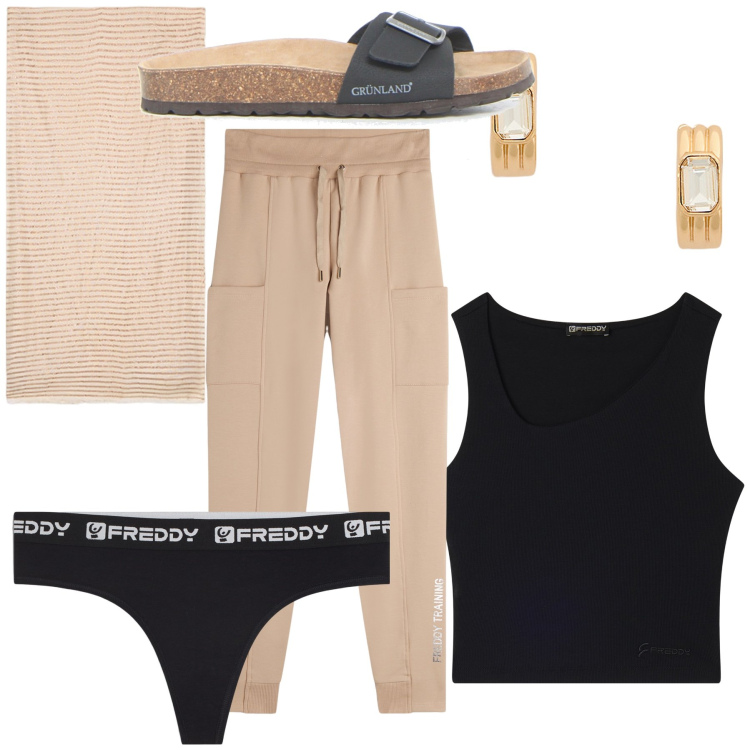 Outfit donna - Total look at home. Stile Basic per Tutti i giorni. Abbinamento con pantaloni, perizomi, top, orecchini, sciarpe, ciabatte.