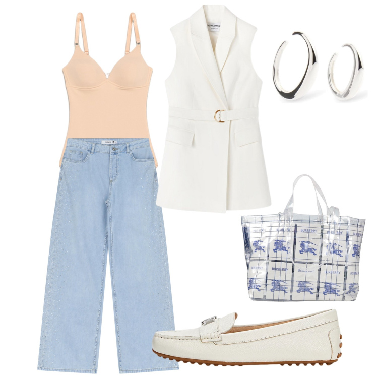 Outfit donna - In ufficio. Stile Basic per Ufficio. Abbinamento con borse a mano, jeans, mocassini, gilet, orecchini, body.
