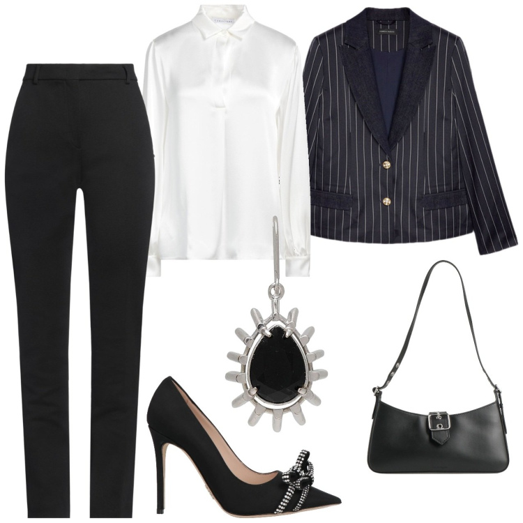 Outfit donna - Cena di lavoro. Stile Mannish per Ufficio. Abbinamento con orecchini, décolleté, top, pantaloni, borse a spalla, blazer.