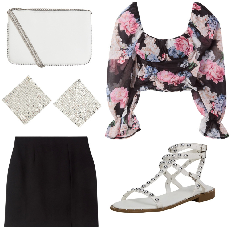 Outfit donna - Il mio compleanno estivo. Stile Glamour per Serata fuori. Abbinamento con minigonne, bluse, sandali, orecchini, borse a tracolla.