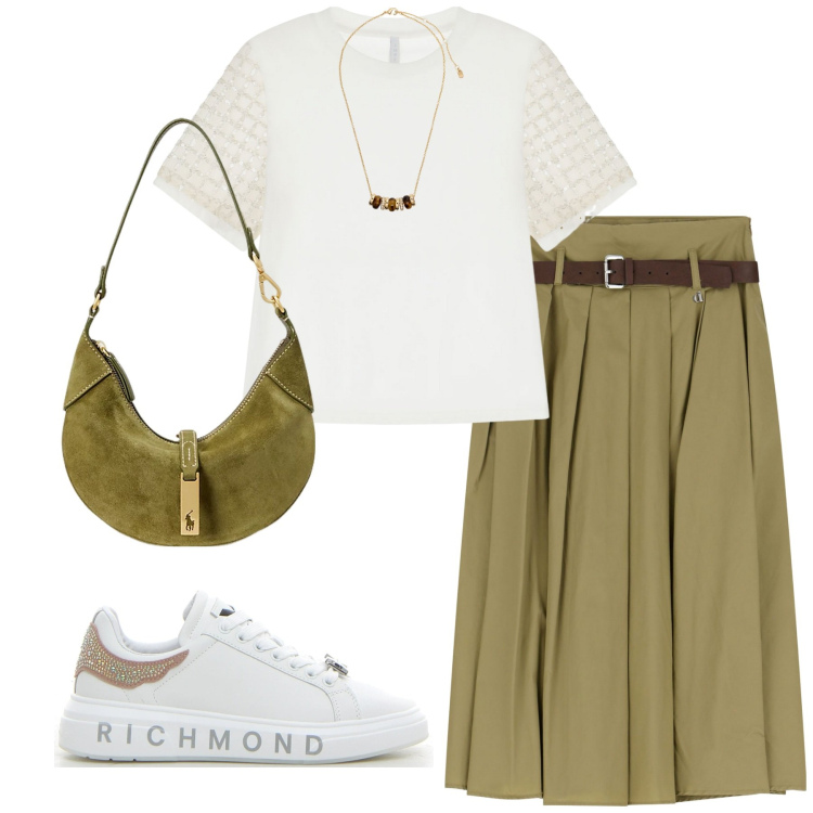 Outfit donna - Total look #2127149. Stile Casual chic per Tutti i giorni. Abbinamento con t-shirt, gonne, collane, borse a spalla, sneakers.