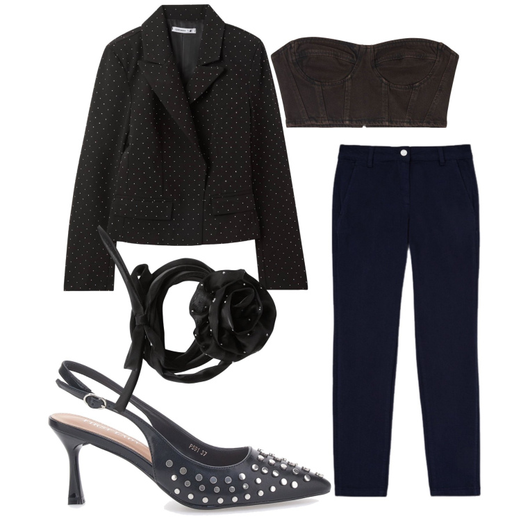 Outfit donna - Serata wow. Stile Glamour per Serata fuori. Abbinamento con top, collane, blazer, décolleté, pantaloni chino.