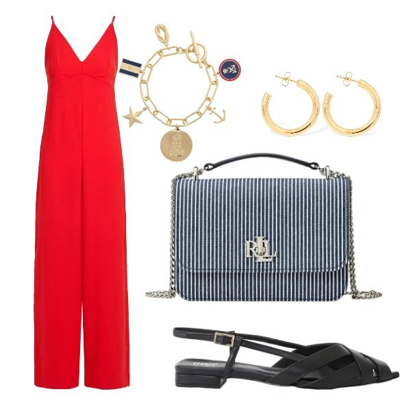Outfit donna - Il rosso d’estate. Stile Basic per Serata fuori. Abbinamento con tute, sandali, borse a spalla, braccialetti con ciondoli, orecchini.